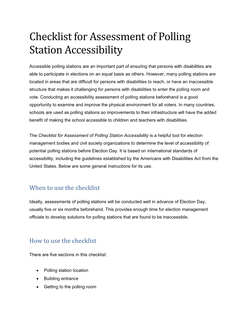 Checklist for Assessment of Polling Station Accessibility