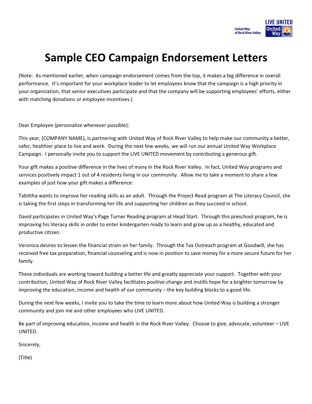 Sample CEO Campaign Endorsement Letters