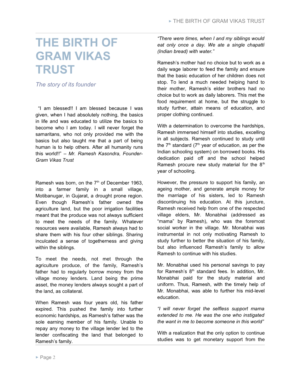 The Birth of Gram Vikas Trust