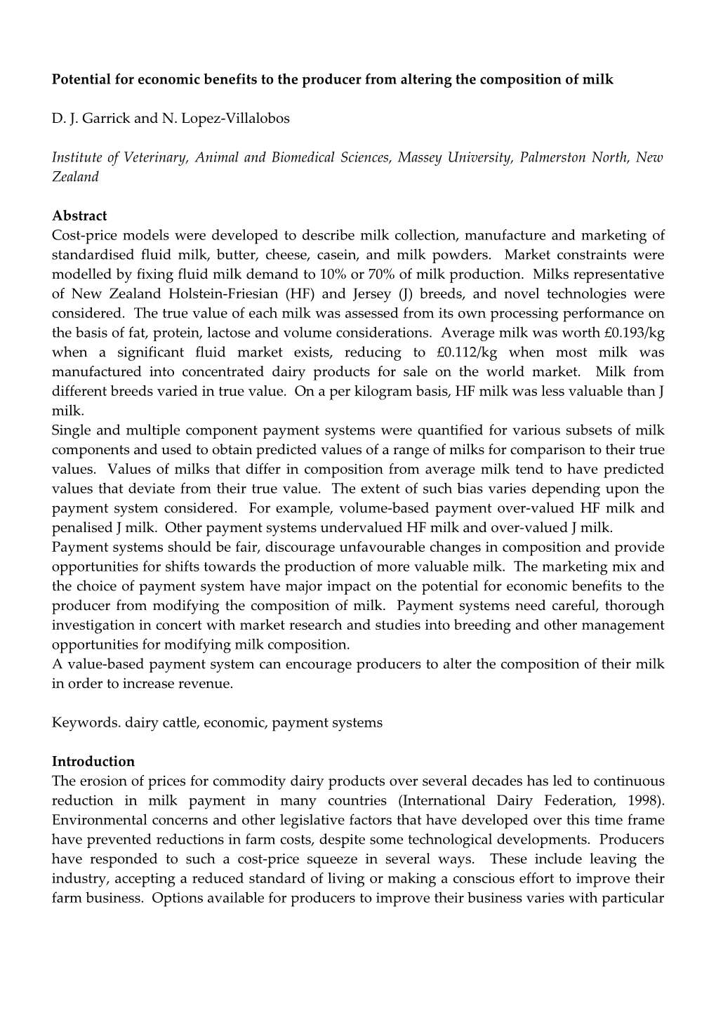 Potential for Economic Benefits to the Producer from Altering the Composition of Milk