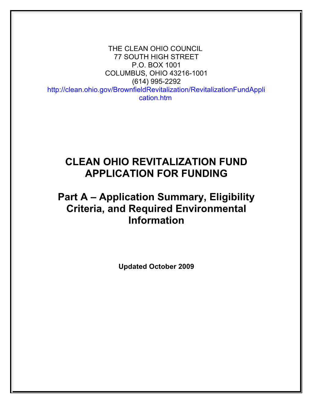 Application for Clean Ohio Revitalization Funds