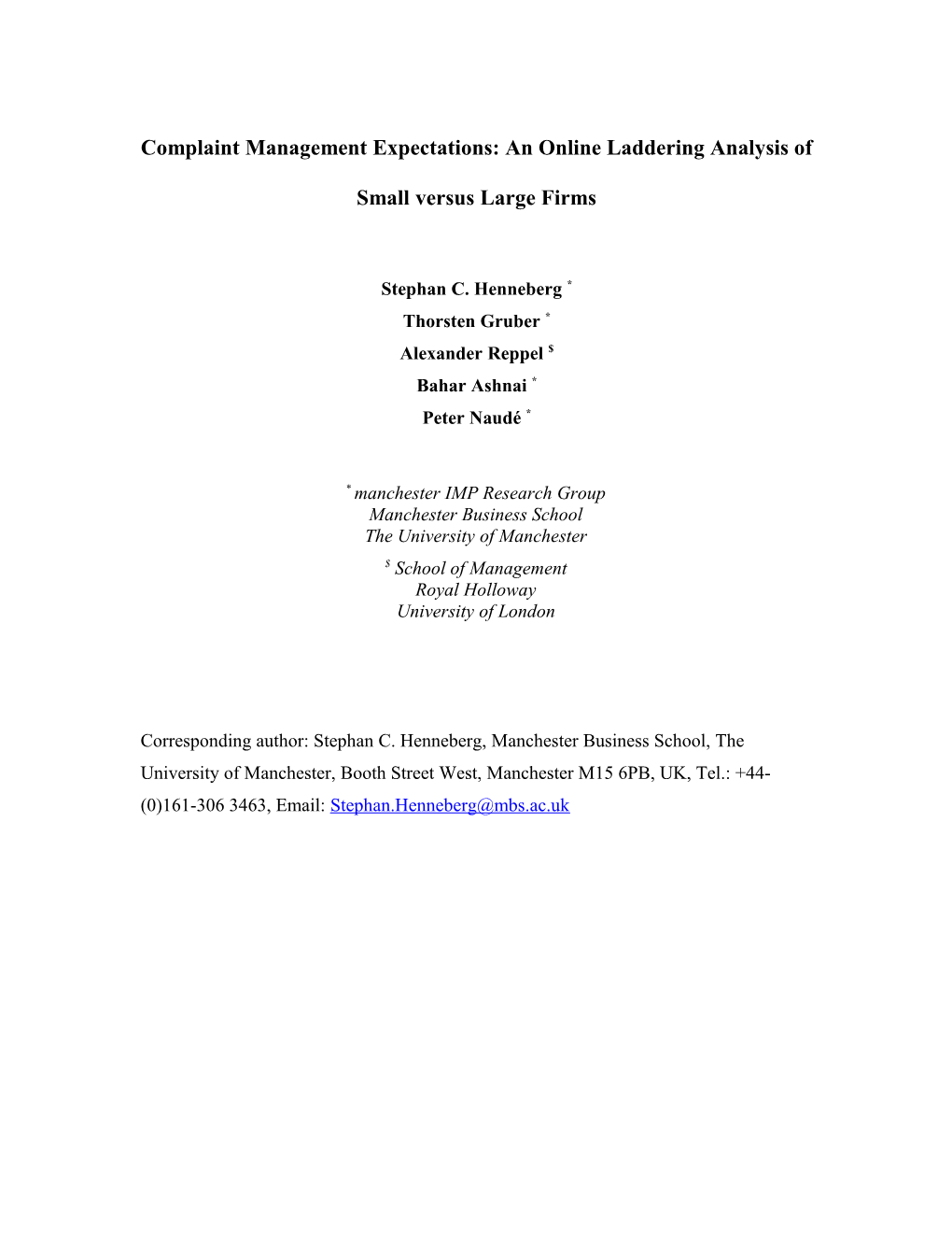 Complaint Management Expectations: an Onlineladdering Analysis of Small Versus Large Firms