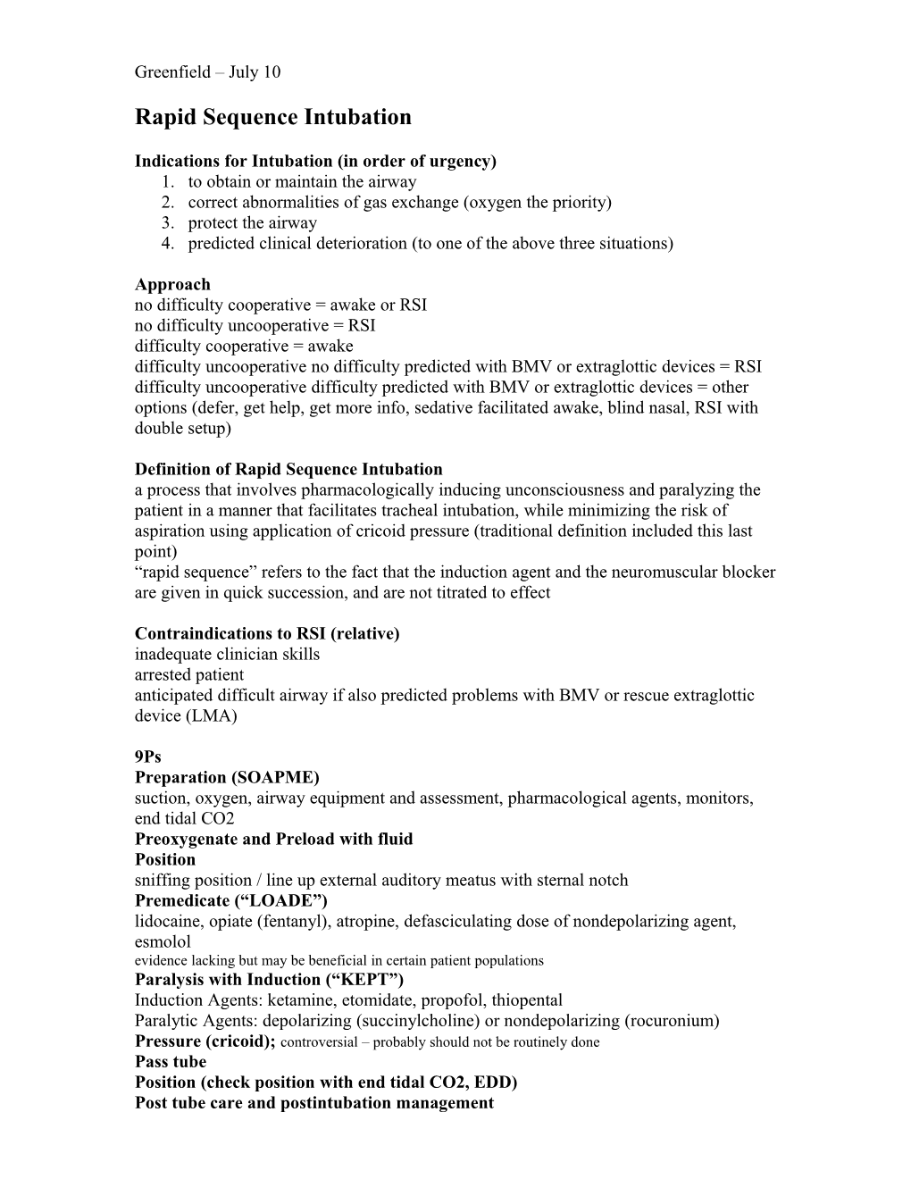 Indications for Intubation (In Order of Urgency)