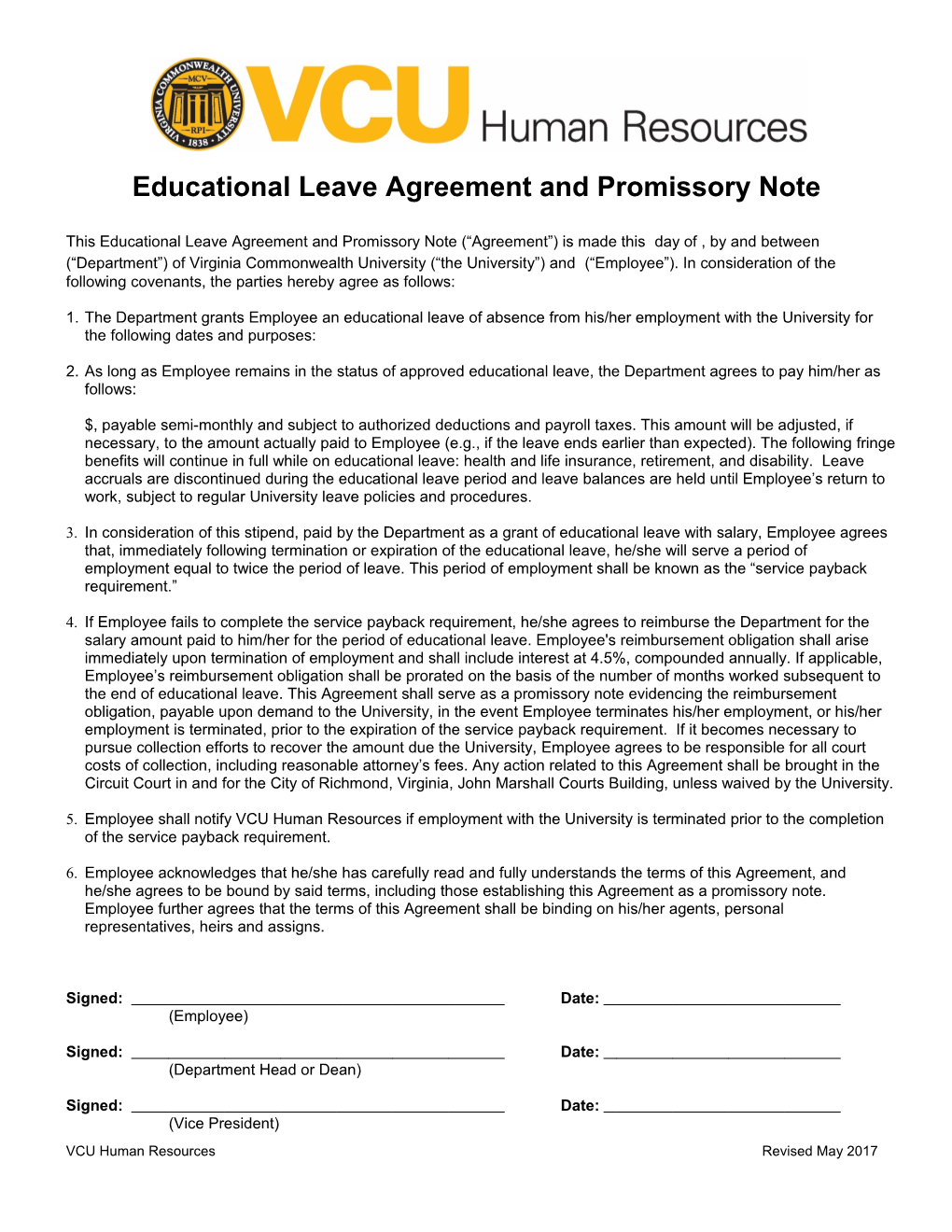 Educational Leave Agreement and Promissory Note