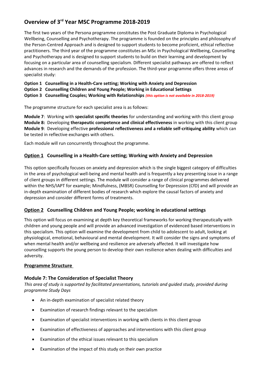 Overview of 3Rd Year MSC Programme 2018-2019