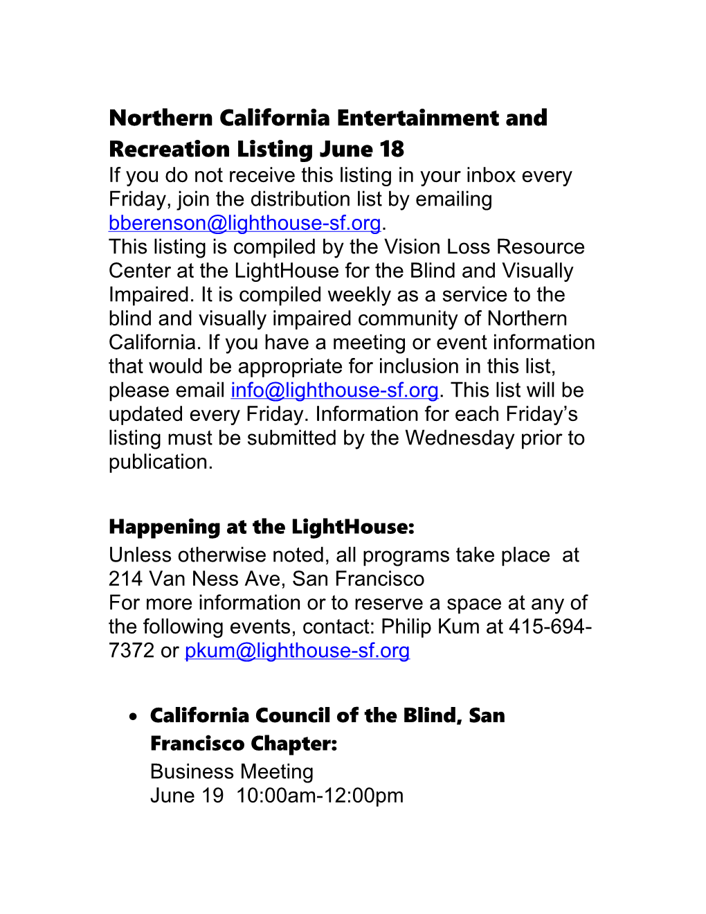 Northern California Entertainment and Recreation Listing January 29