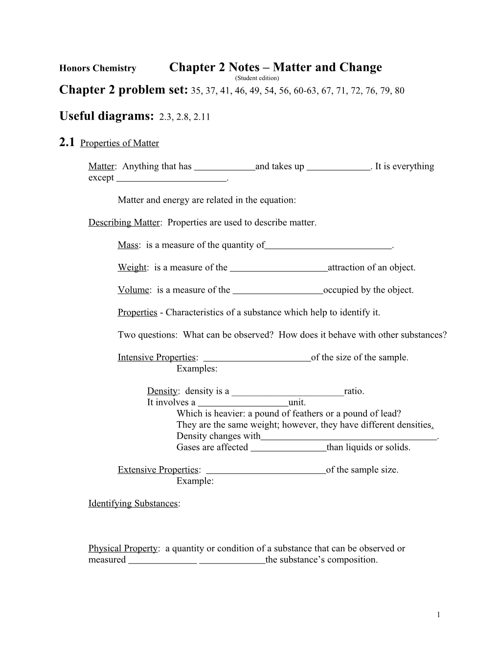 Honors Chemistry Chapter 2 Notes Matter and Change