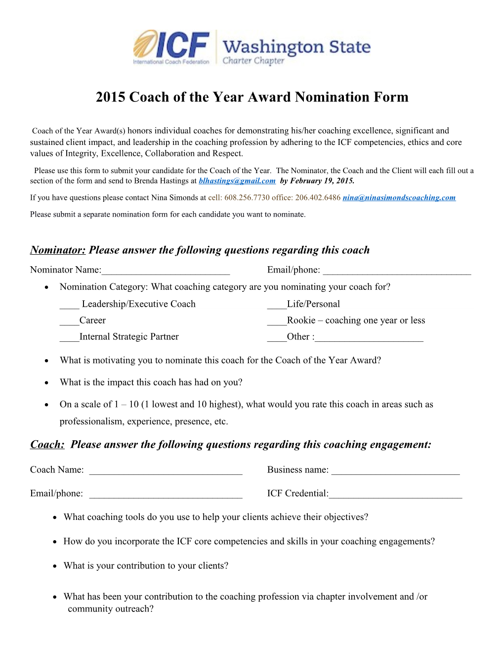 2015 Coach of the Year Awardnomination Form