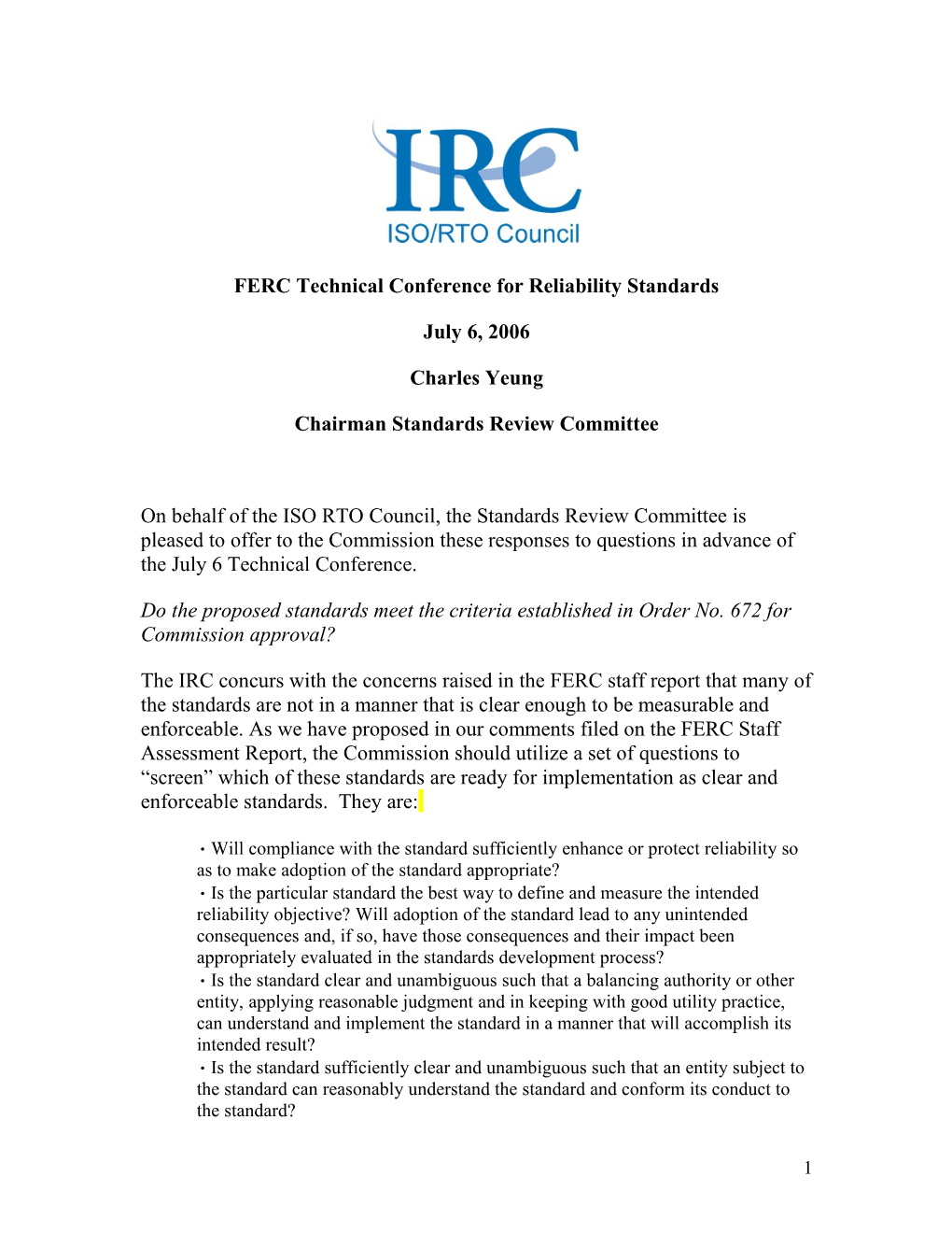 FERC Technical Conference for Reliability Standards