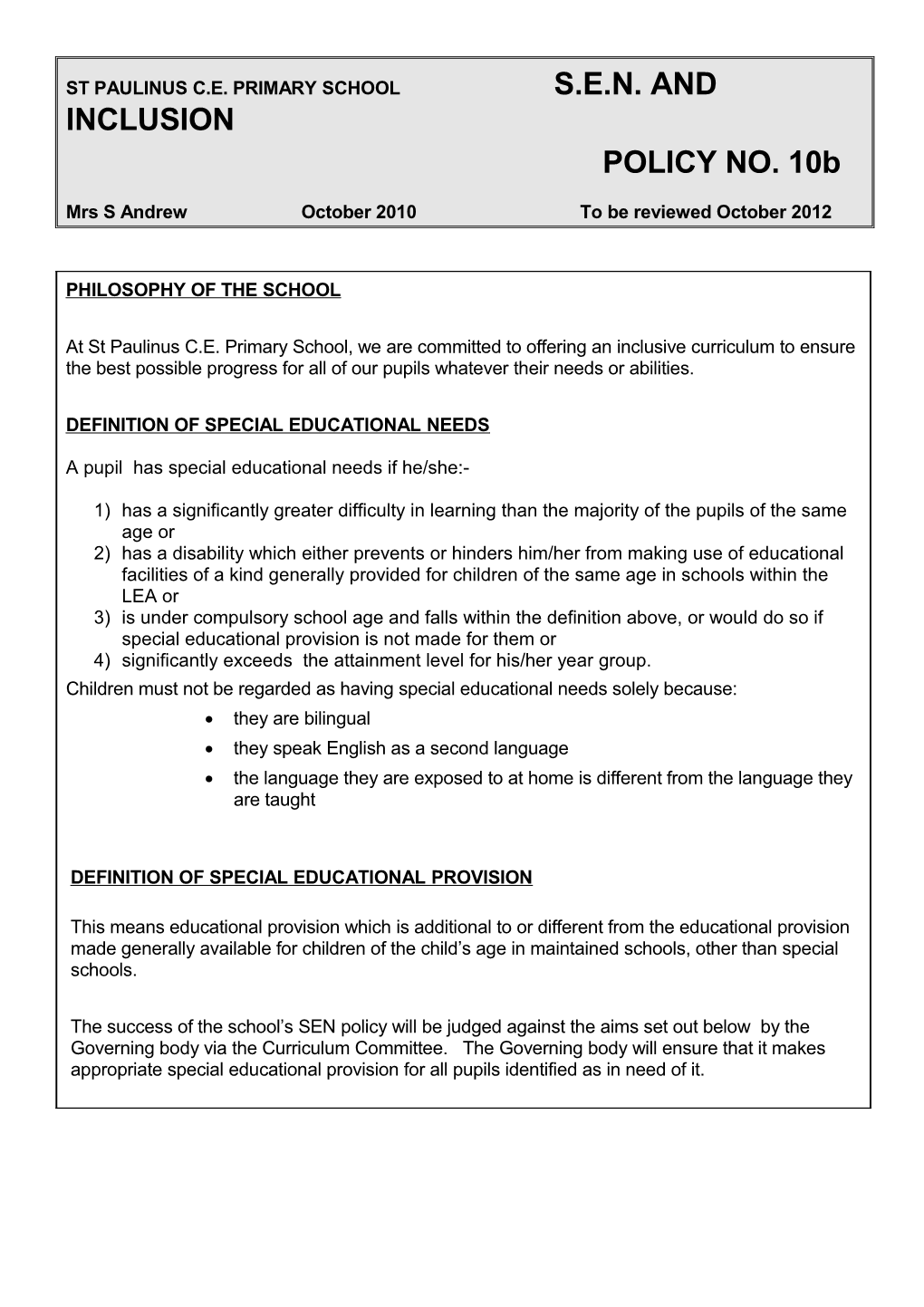 Definition of Special Educational Needs