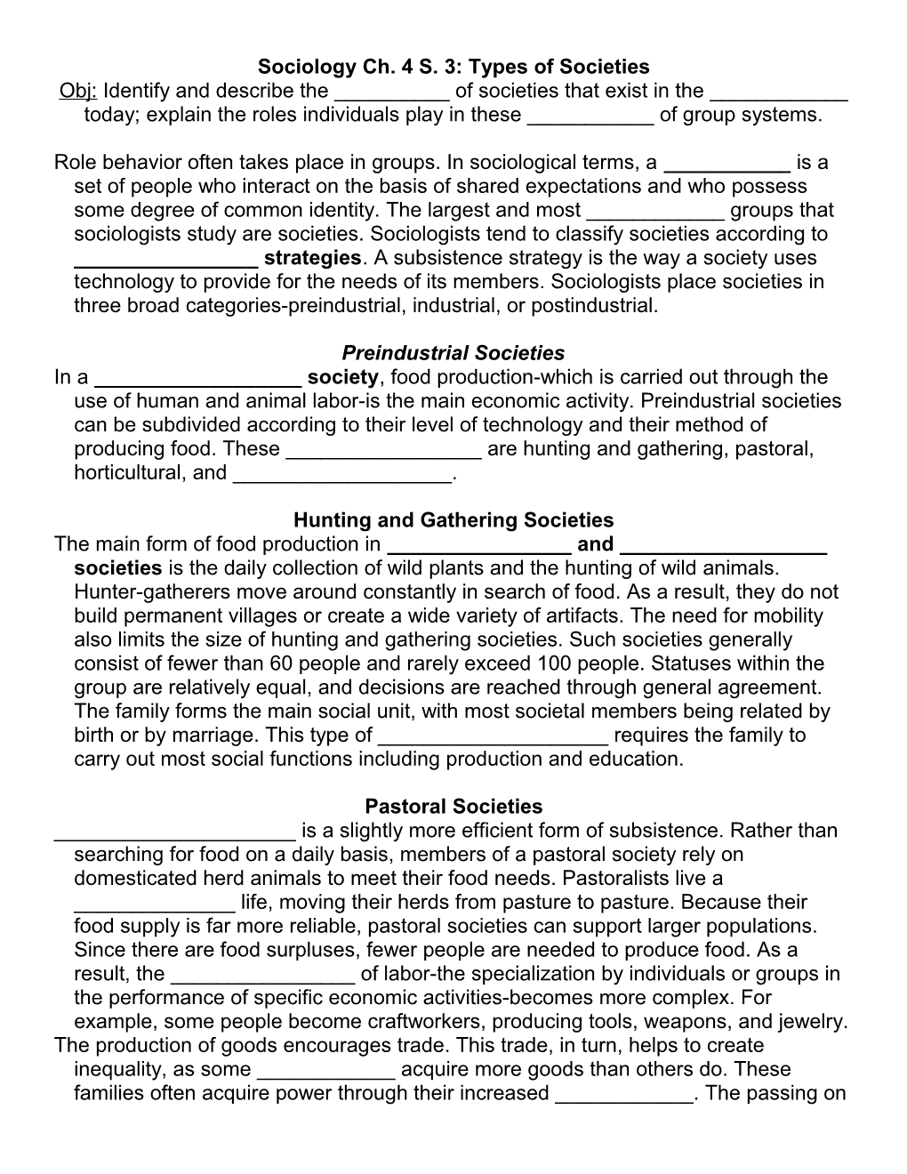 Sociology Ch. 4 S. 3: Types of Societies