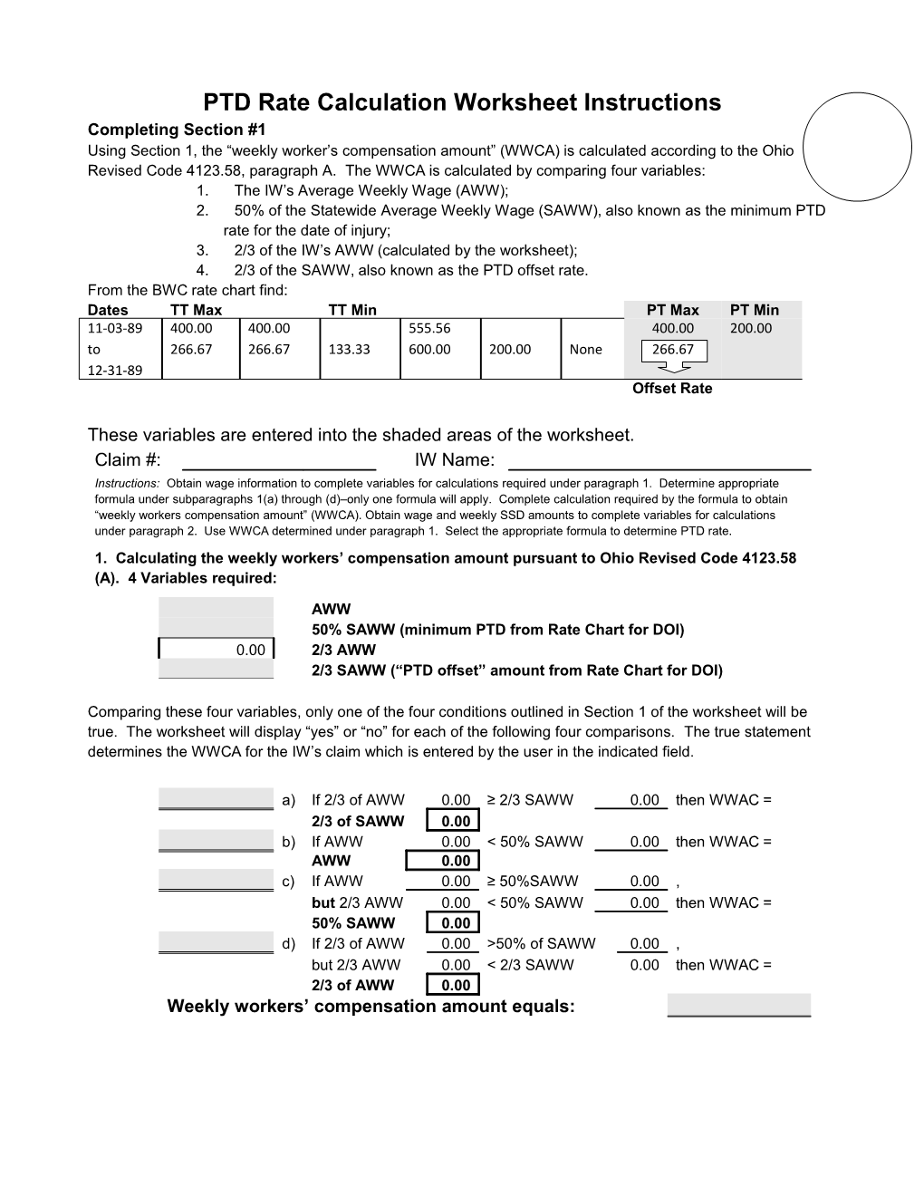 PTD Rate Calculation Worksheet Instructions