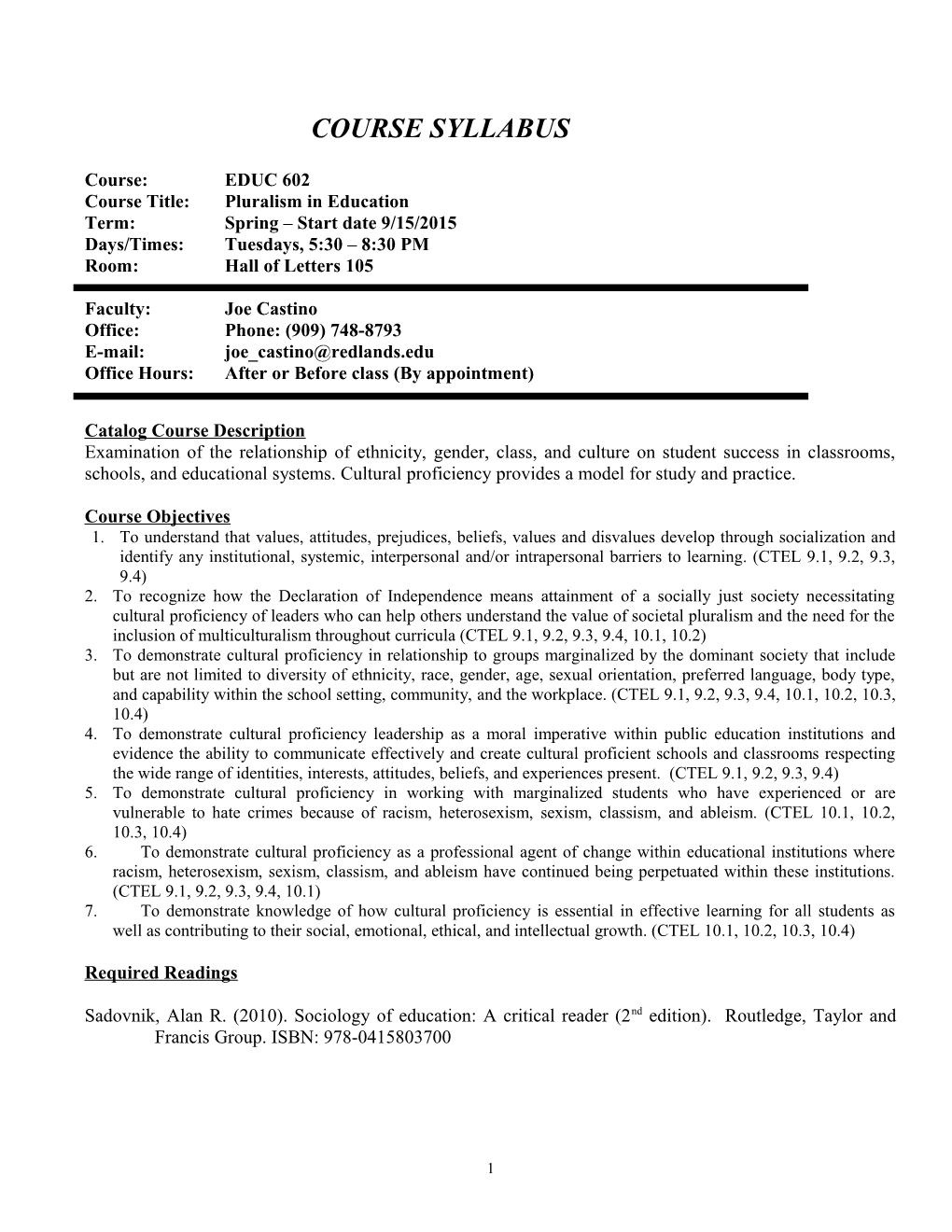 Course Title:Pluralism in Education