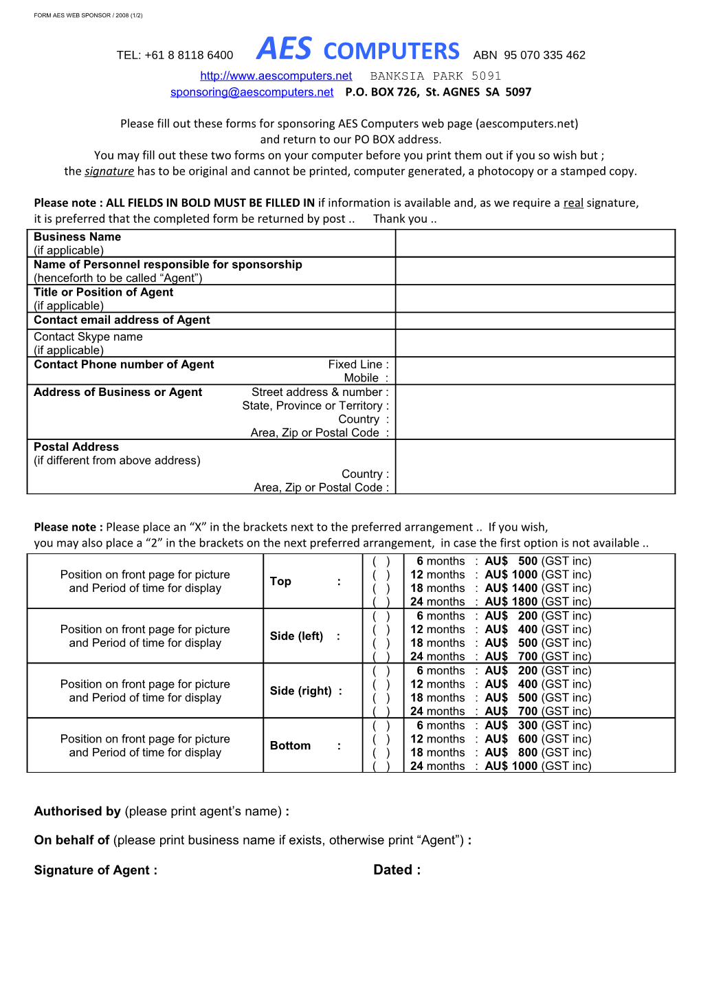 Sponsor Form (Aescomputers.Net) 2008