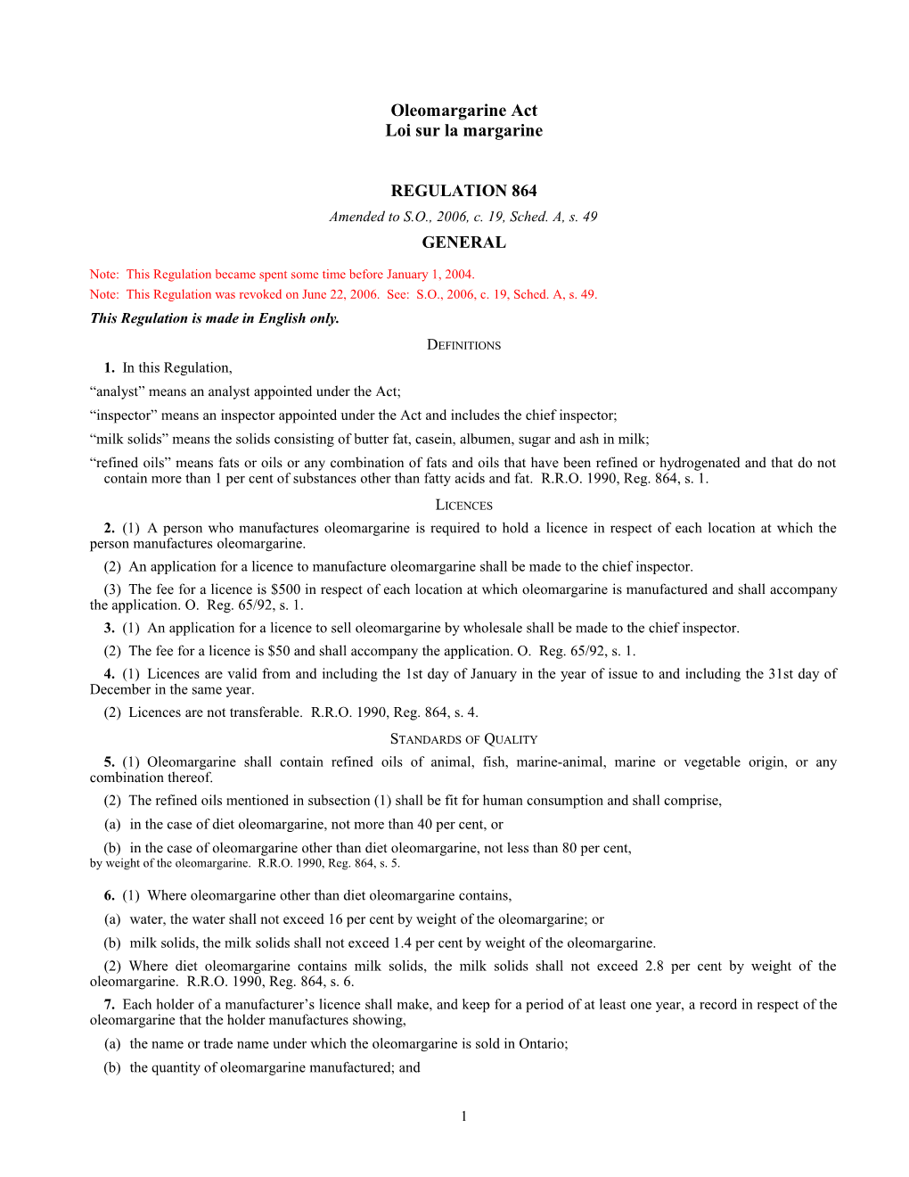 Oleomargarine Act - R.R.O. 1990, Reg. 864