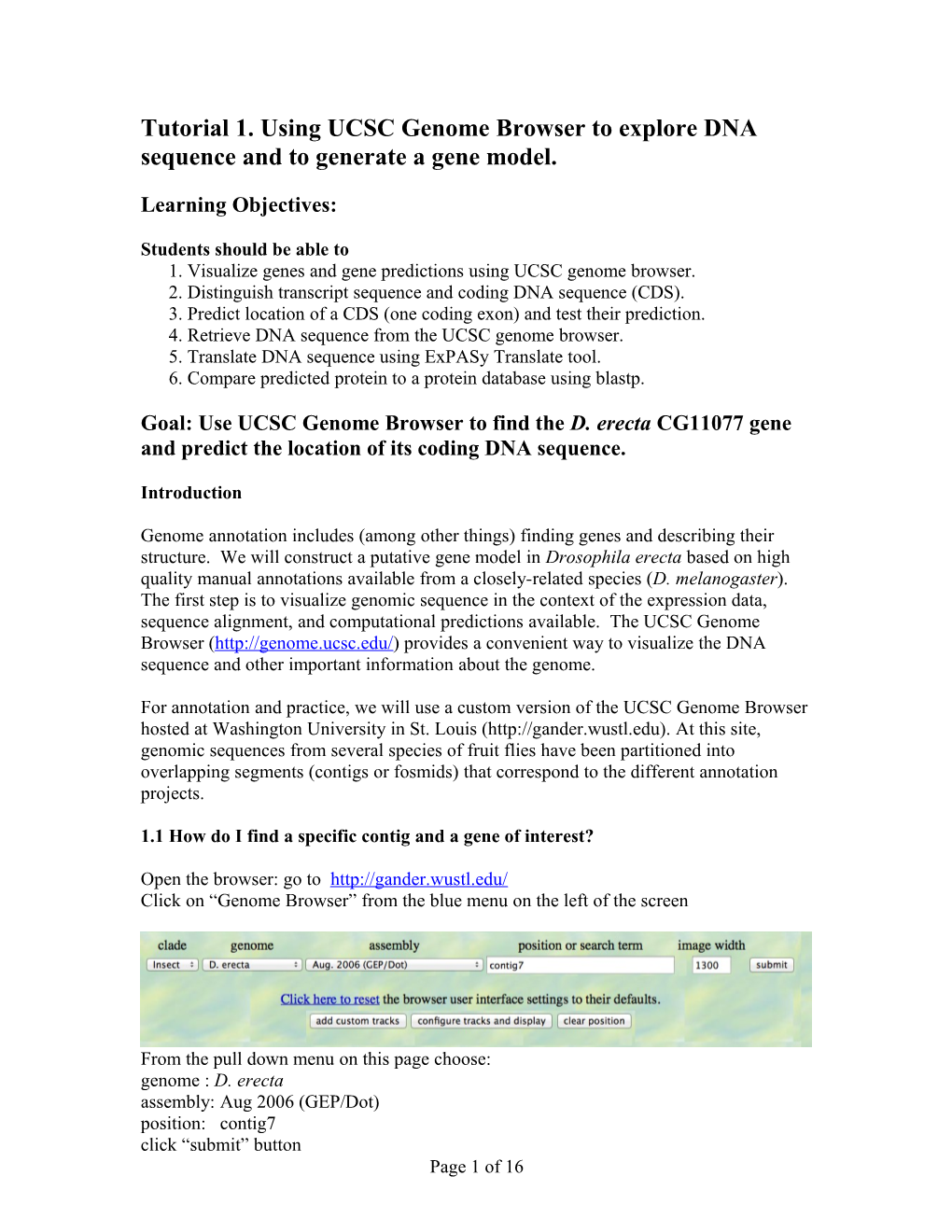 Tutorial 1. Using UCSC Genome Browser to Explore DNA Sequence and to Generate a Gene Model