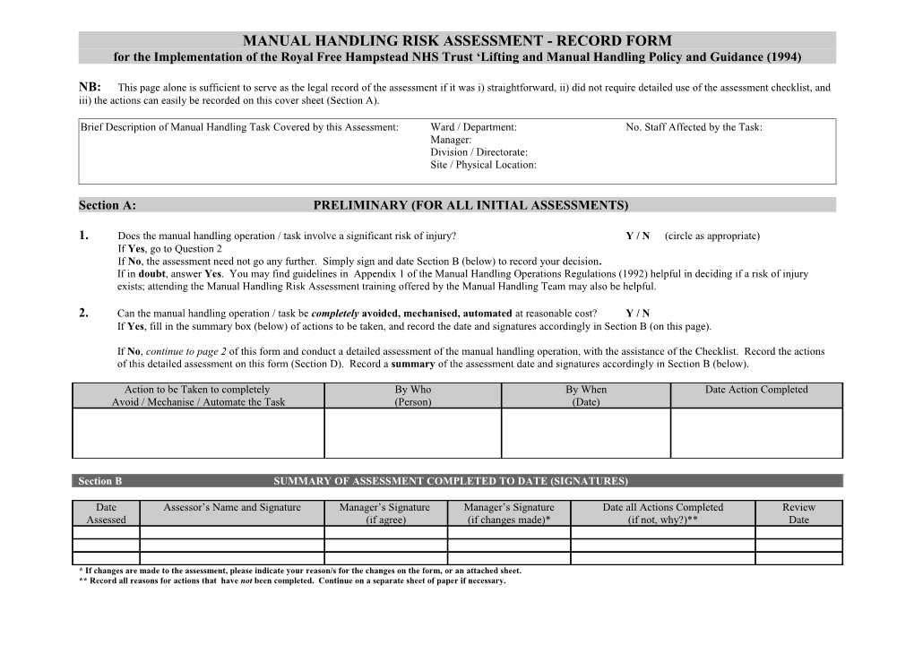 Manual Handling Risk Assessment - Record Form