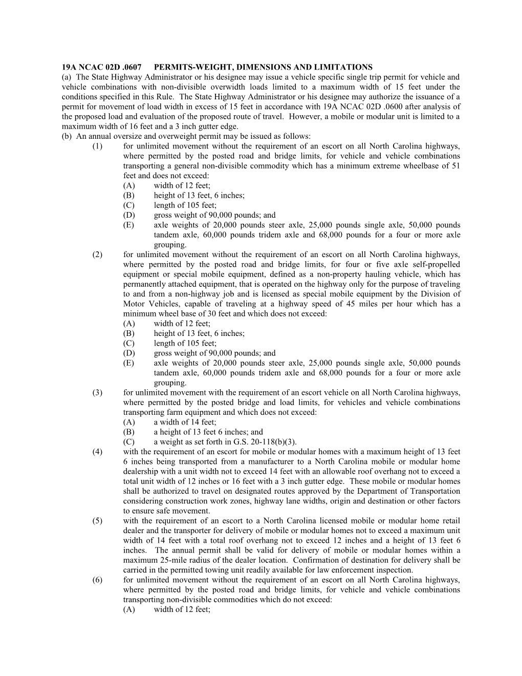 19A Ncac 02D .0607Permits-Weight, Dimensions and Limitations