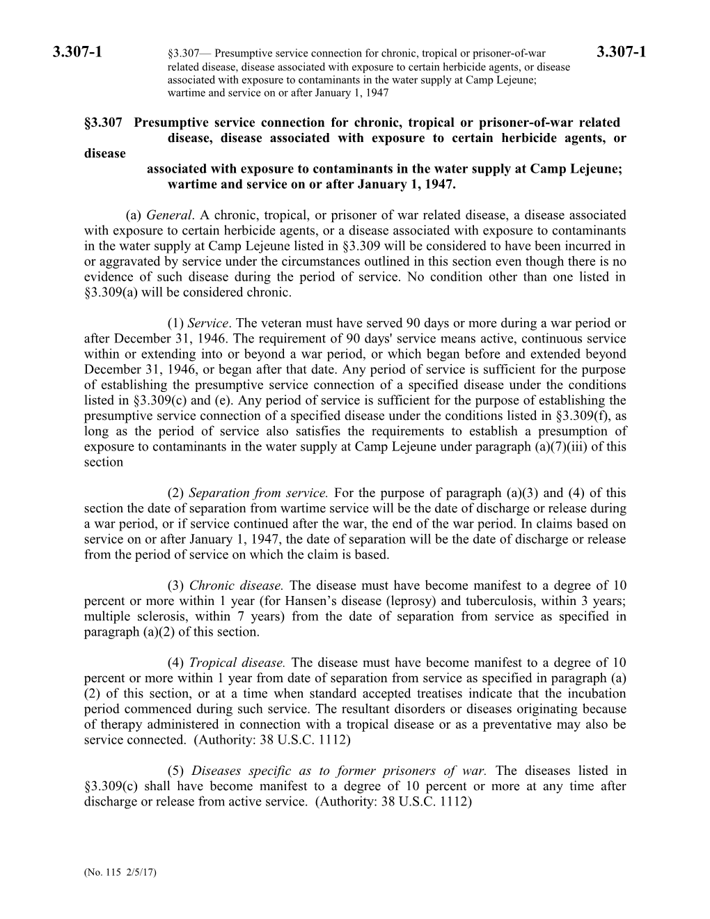 3.307-1 3.307 Presumptive Service Connection for Chronic, Tropical Or Prisoner-Of-War 3.307-1