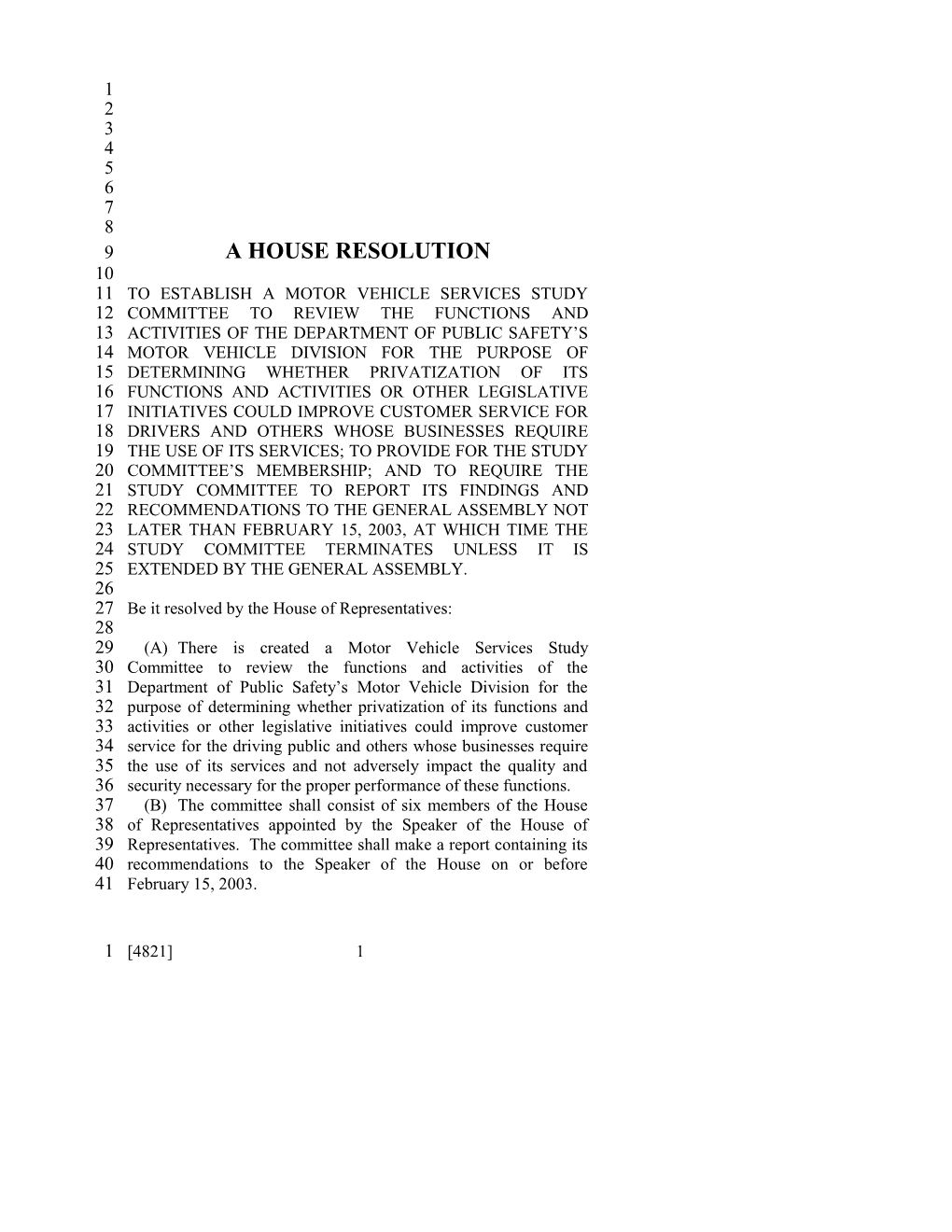 2001-2002 Bill 4821: Motor Vehicle Division Privatization, Motor Vehicle Services Study