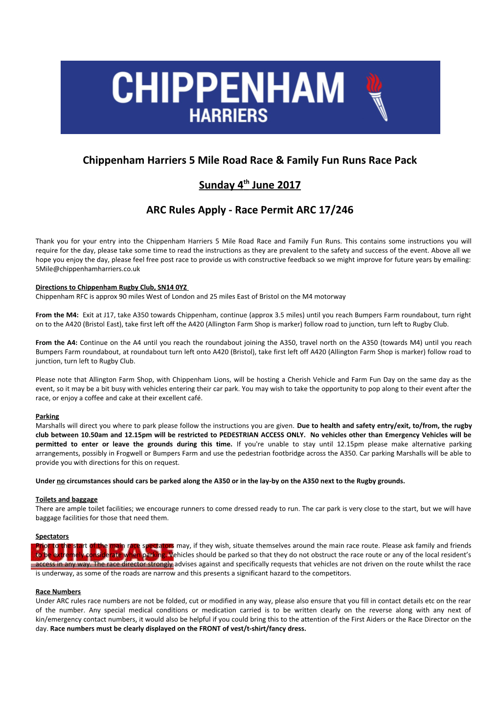 Chippenham Harriers 5 Mile Road Race & Family Fun Runs Race Pack