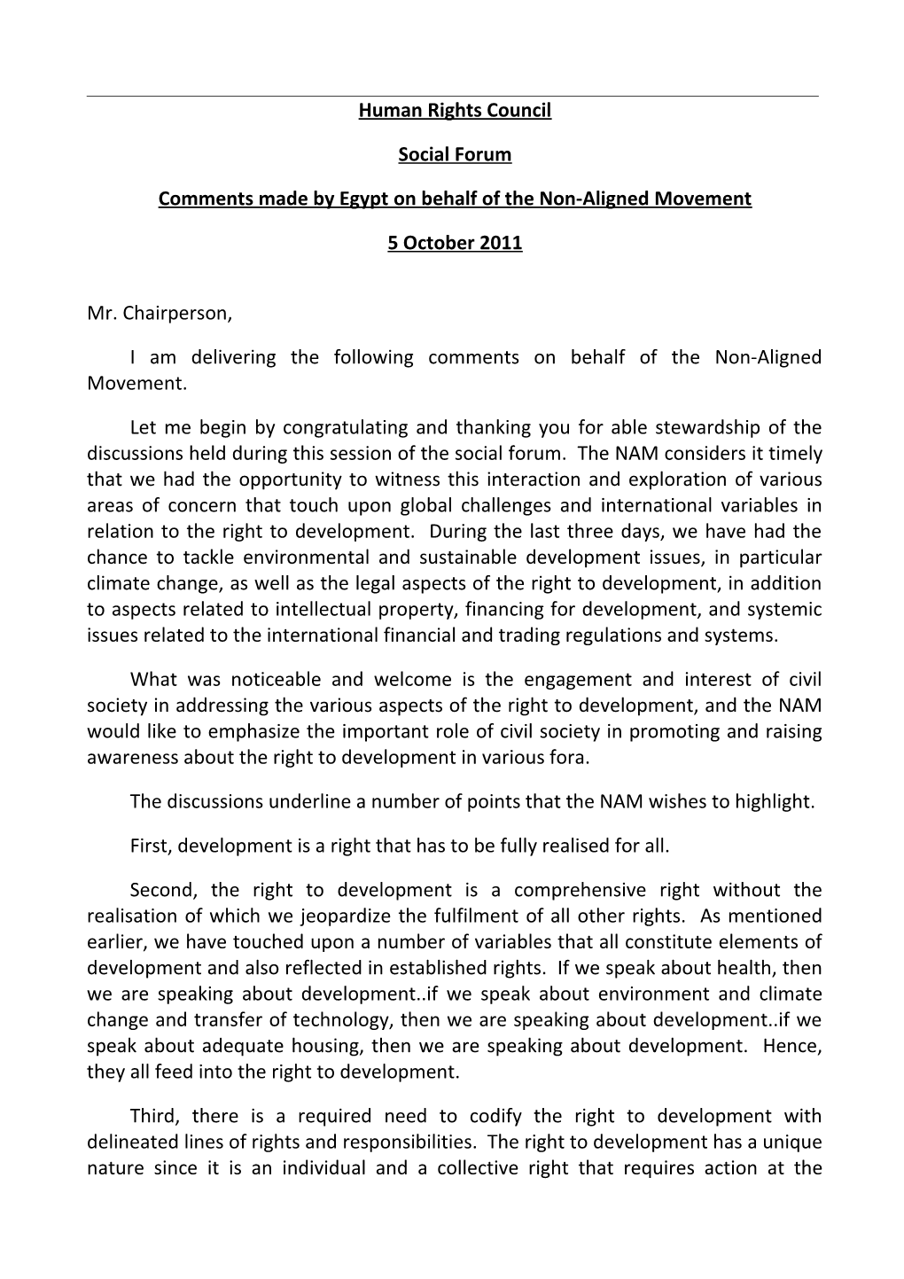 Comments Made by Egypt on Behalf of the Non-Aligned Movement