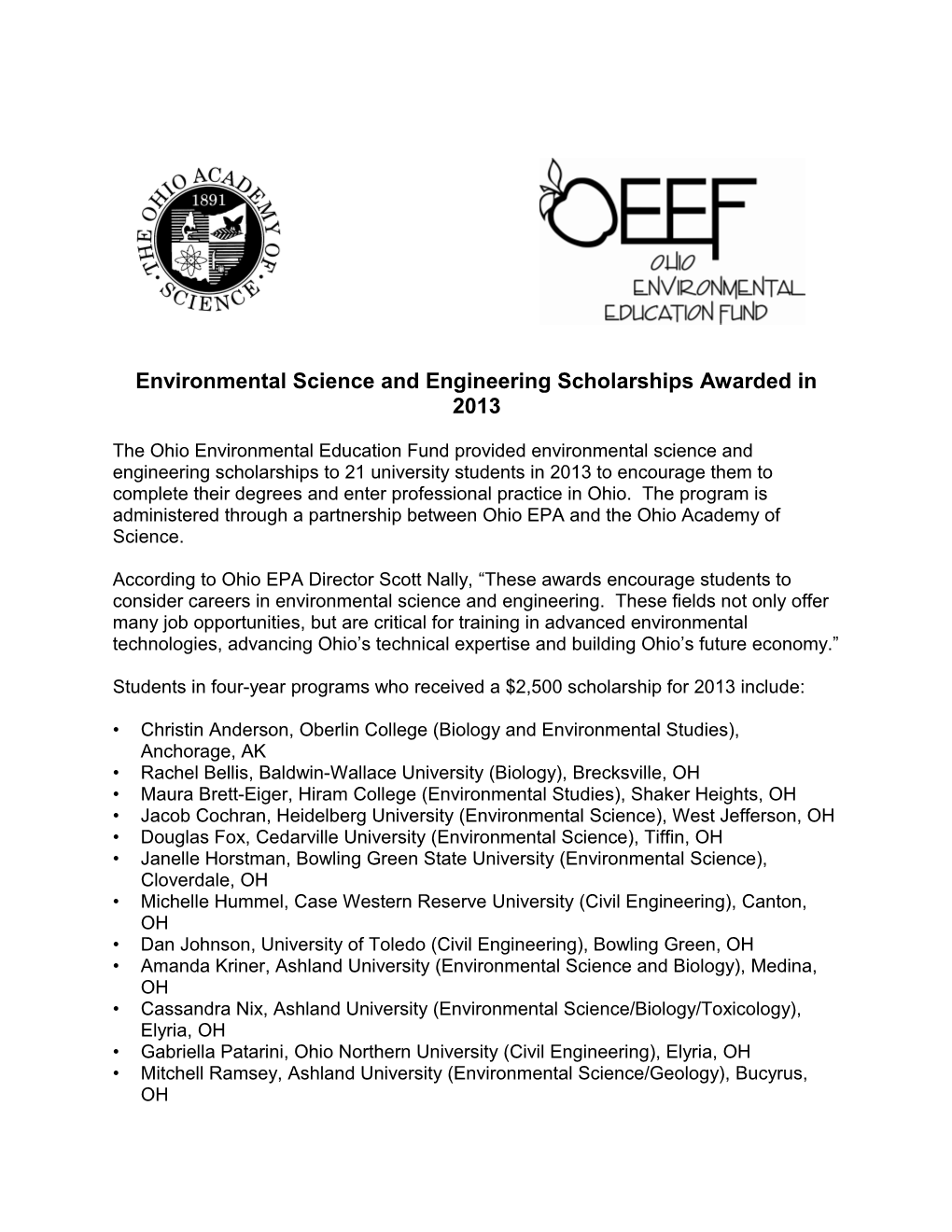 Environmental Science and Engineering Scholarships Awarded in 2013