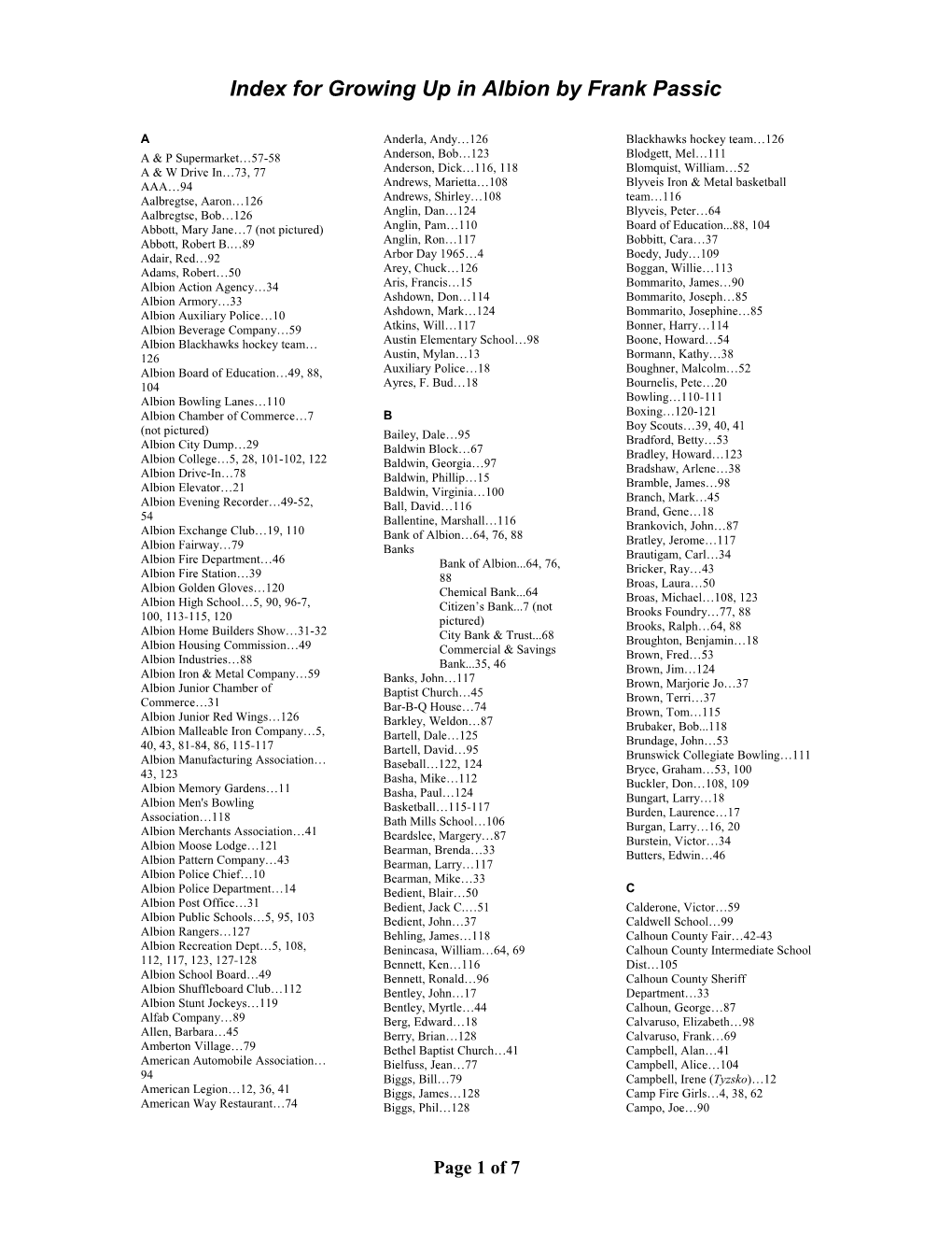 Index for Growing up in Albion by Frank Passic