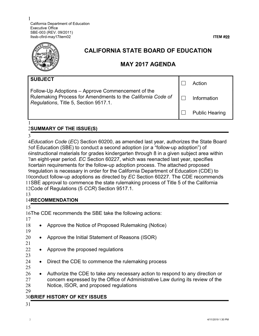 May 2017 Agenda Item 09 - Meeting Agendas (CA State Board of Education)