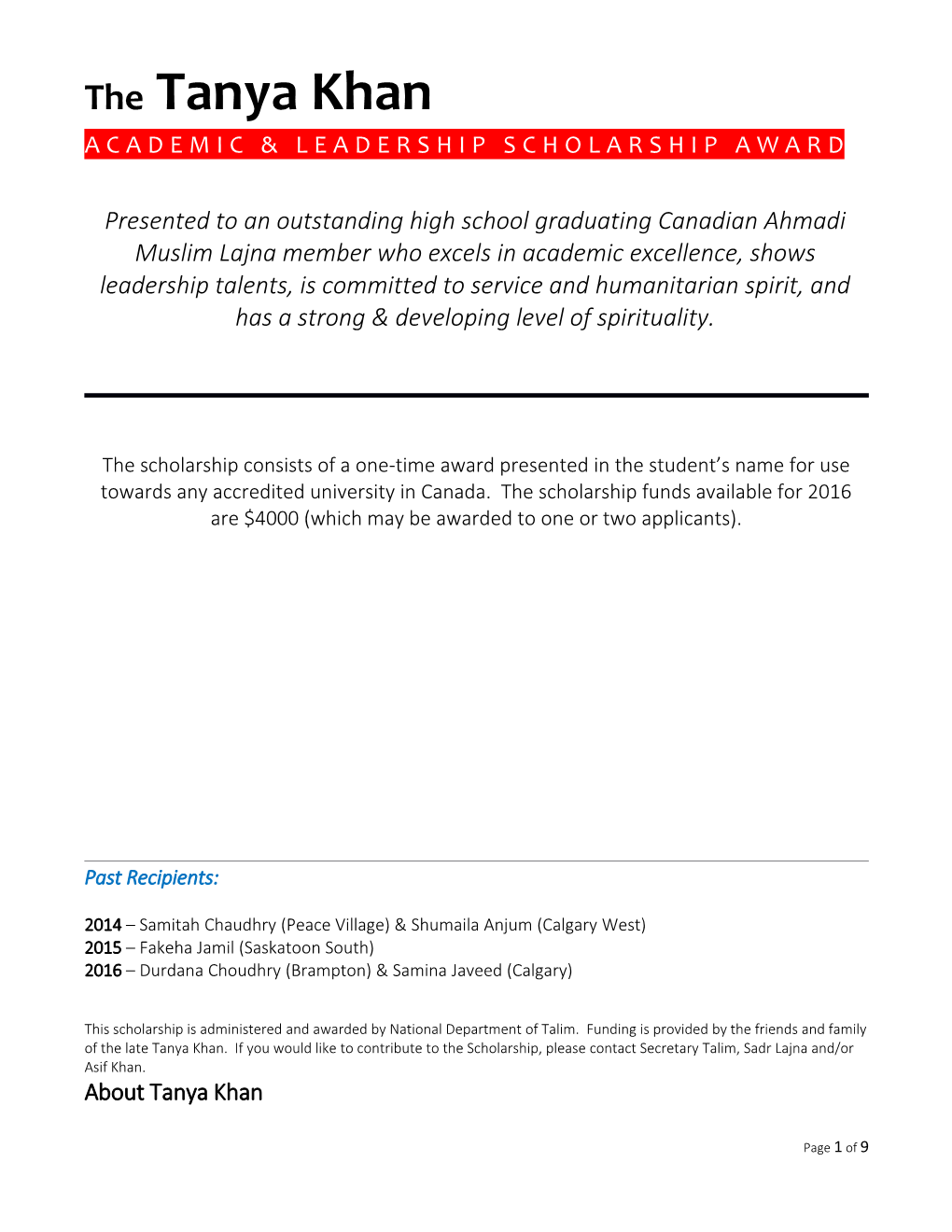 Academic & Leadership Scholarship Award
