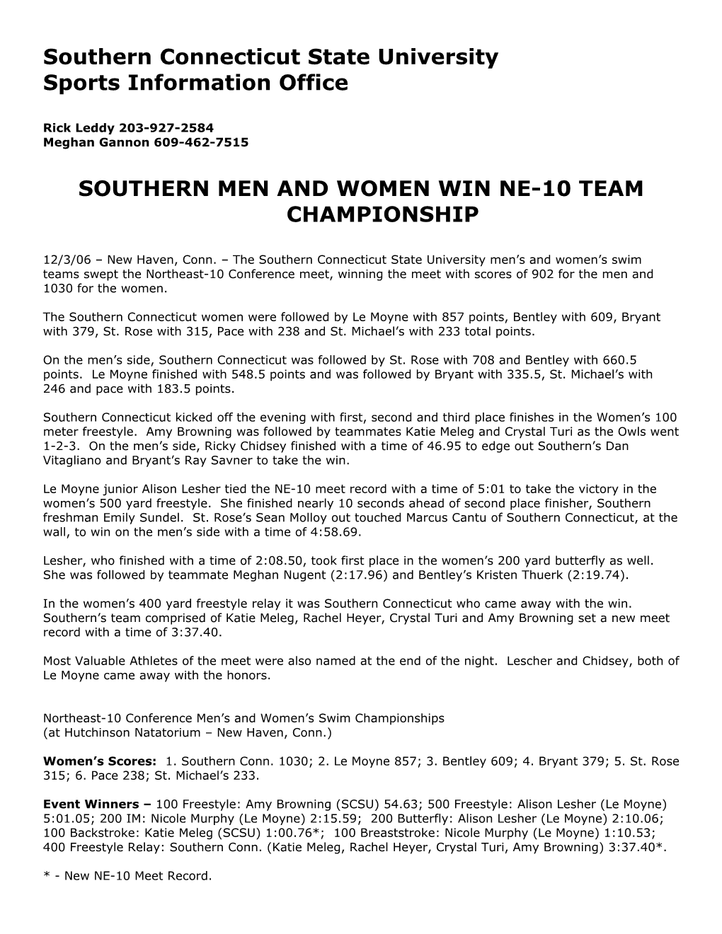 Southern Men and Women Win Ne-10 Team Championship