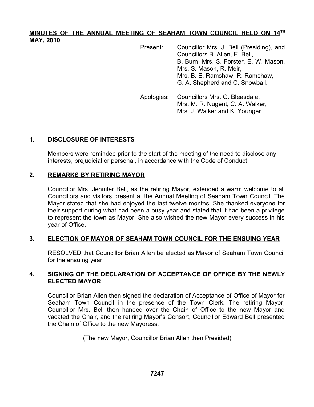 Minutes of the Annual Meeting of Seaham Town Council Held on 15Th May, 2009