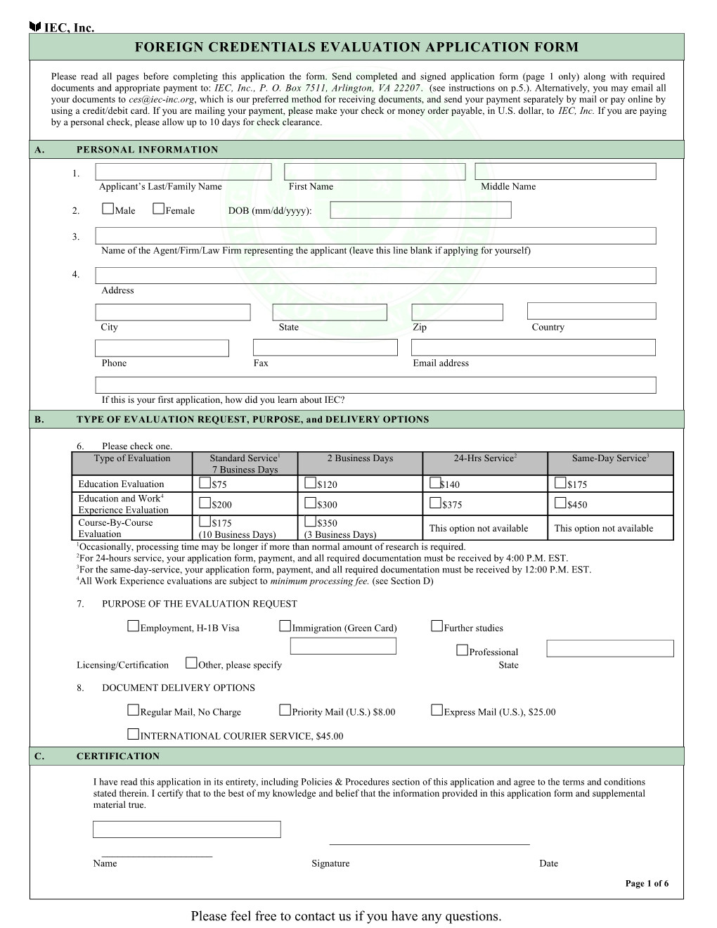 Foreign Credentials Evaluation Application Form