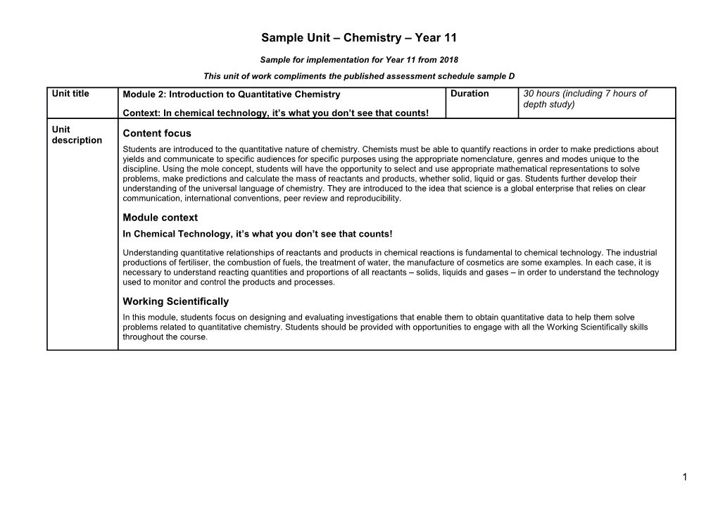 Sample Unit Chemistry Year 11