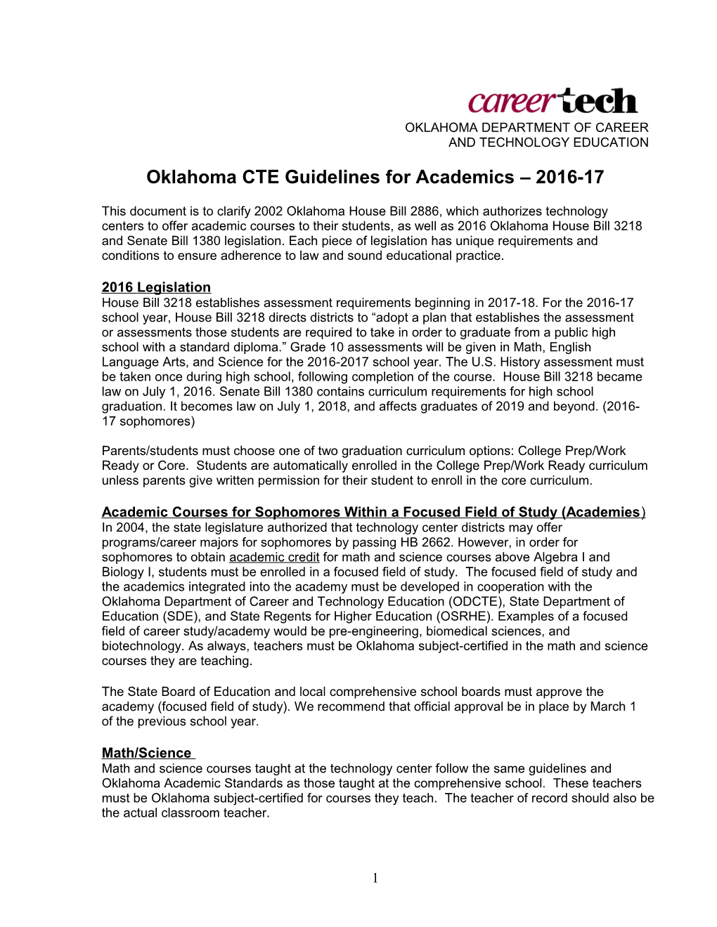 Oklahoma CTE Guidelines for Academics 2016-17