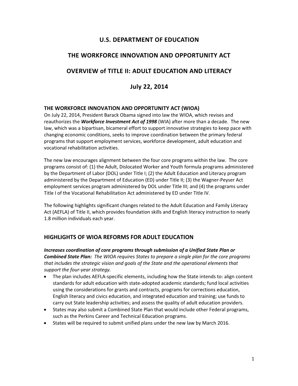 U.S. Department of Education, Workforce Innovation and Opportunity Act: Overview of Title