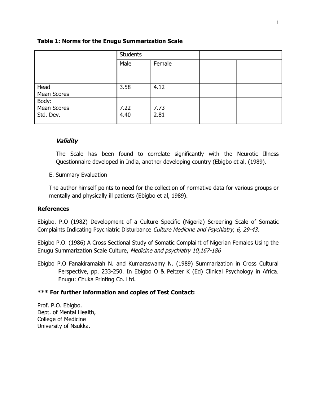 Table 1: Norms for the Enugu Summarization Scale