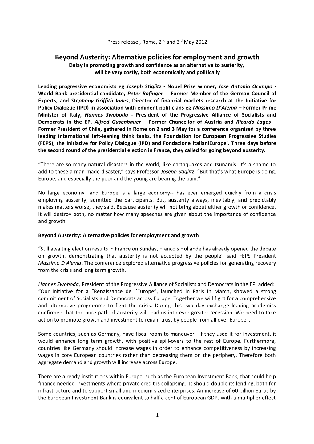 Press Release , Rome, 2Nd and 3Rd May 2012