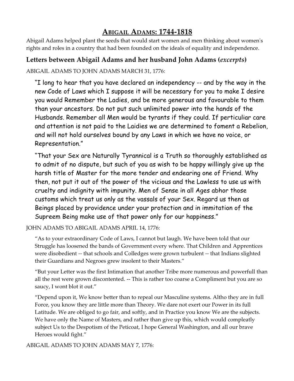 Letters Between Abigail Adams and Her Husband John Adams (Excerpts)