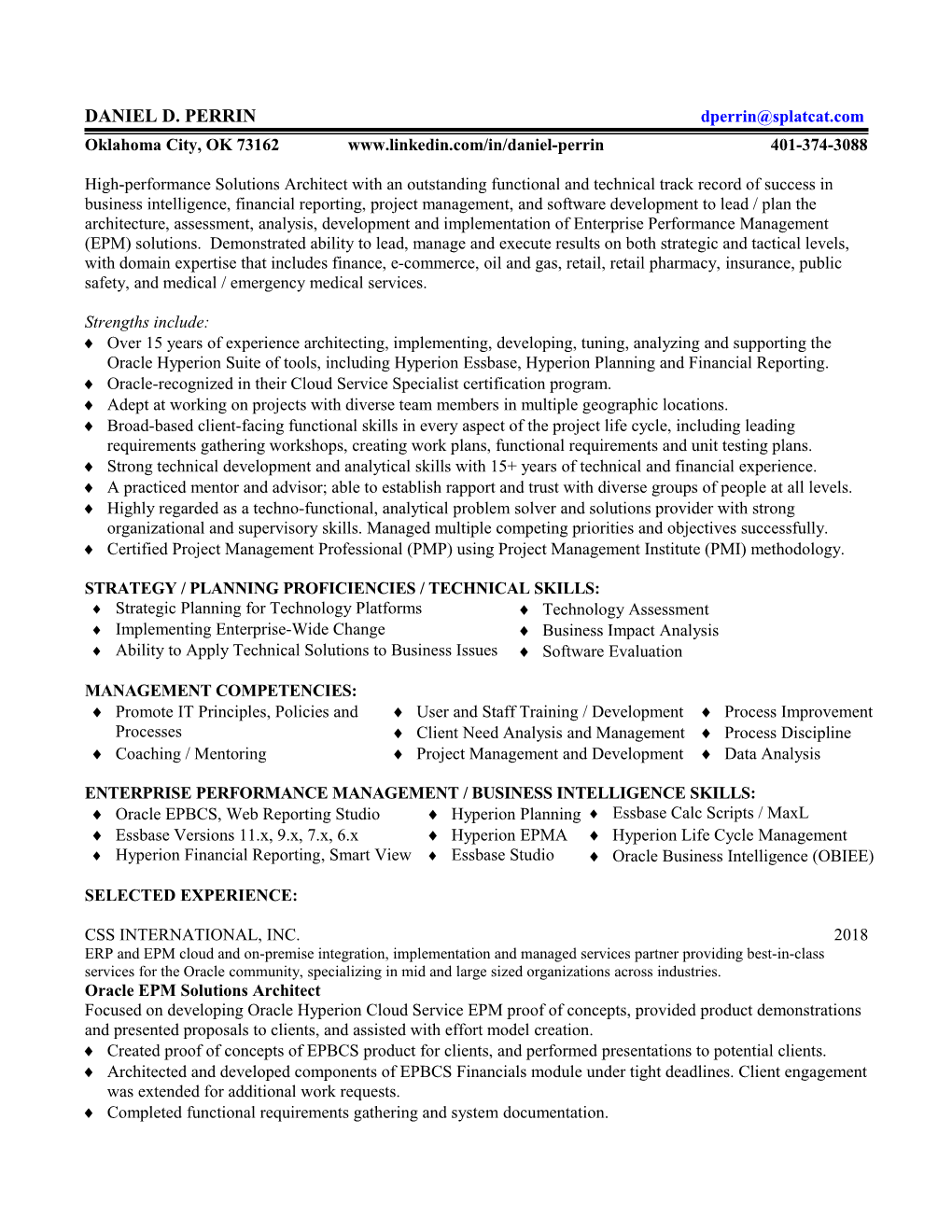 Resume for Daniel Perrin Business Intelligence, Enterprise Performance Management (EPM)