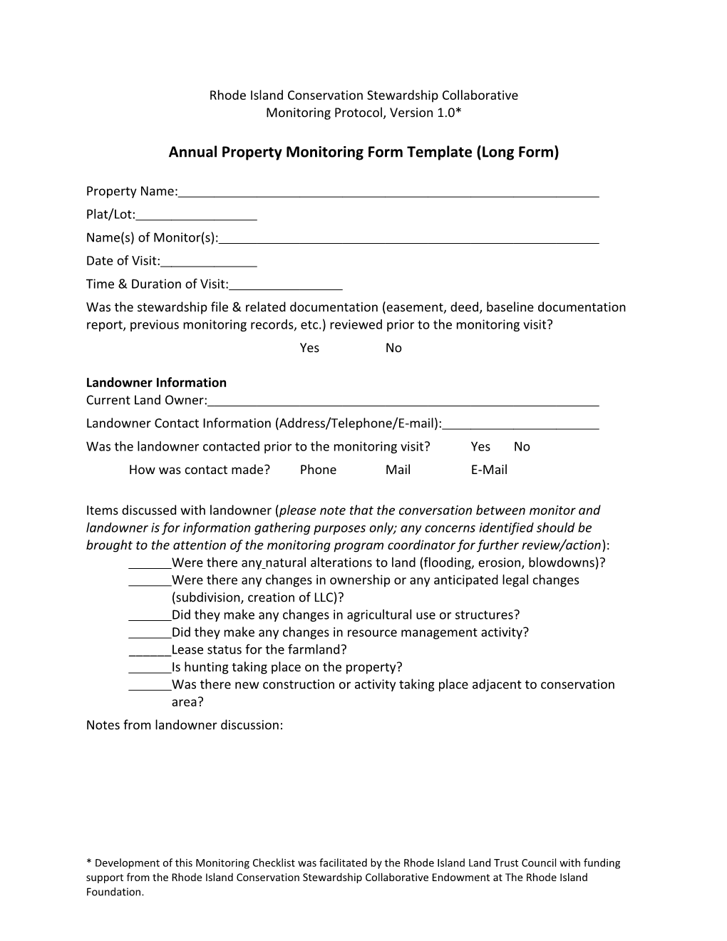 Annual Property Monitoring Form Template (Long Form)