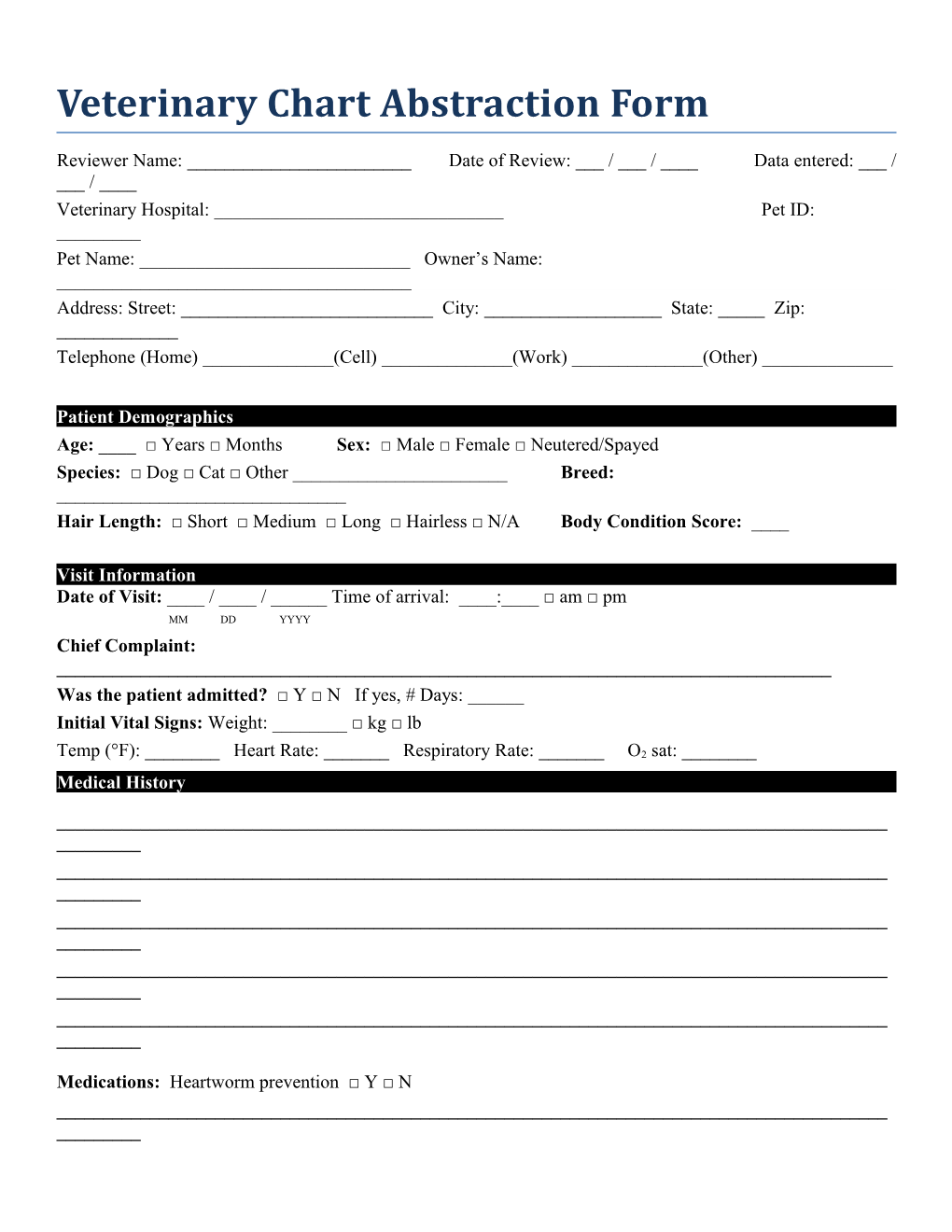 Veterinary Chart Abstraction Form