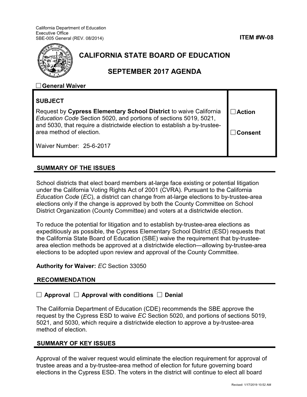 September 2017 Waiver Item W-08 - Meeting Agendas (CA State Board of Education)