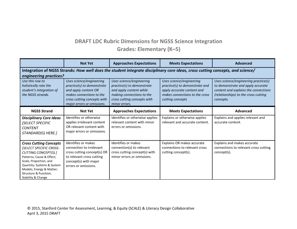 DRAFT LDC Rubric Dimensions for NGSS Science Integration