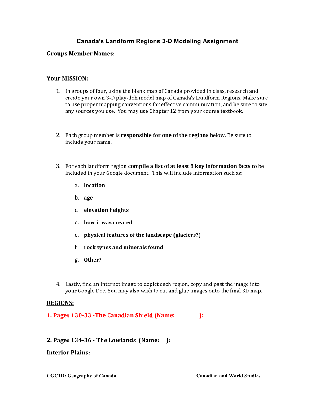 Canada S Landform Regions 3-D Modeling Assignment