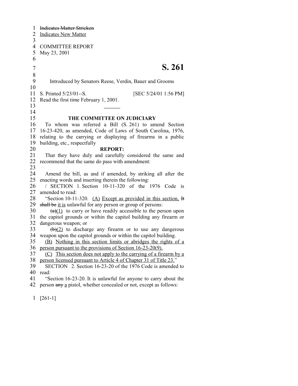 2001-2002 Bill 261: Concealable Weapon Permit, Requirements for Application and Carrying