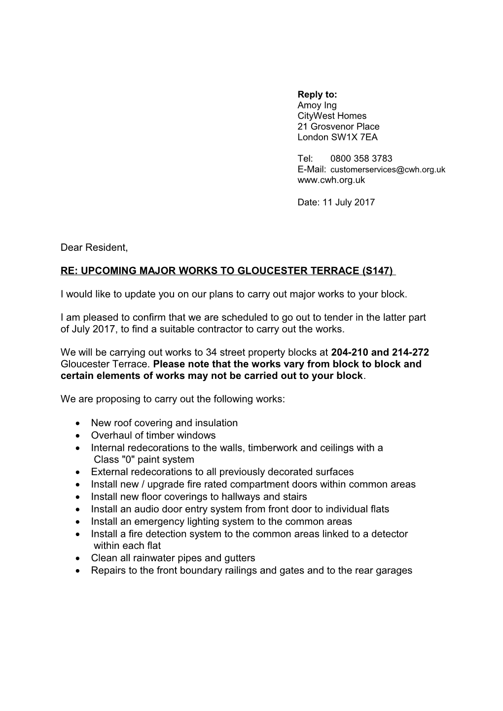 Re: Upcoming Major Works to Gloucester Terrace (S147)