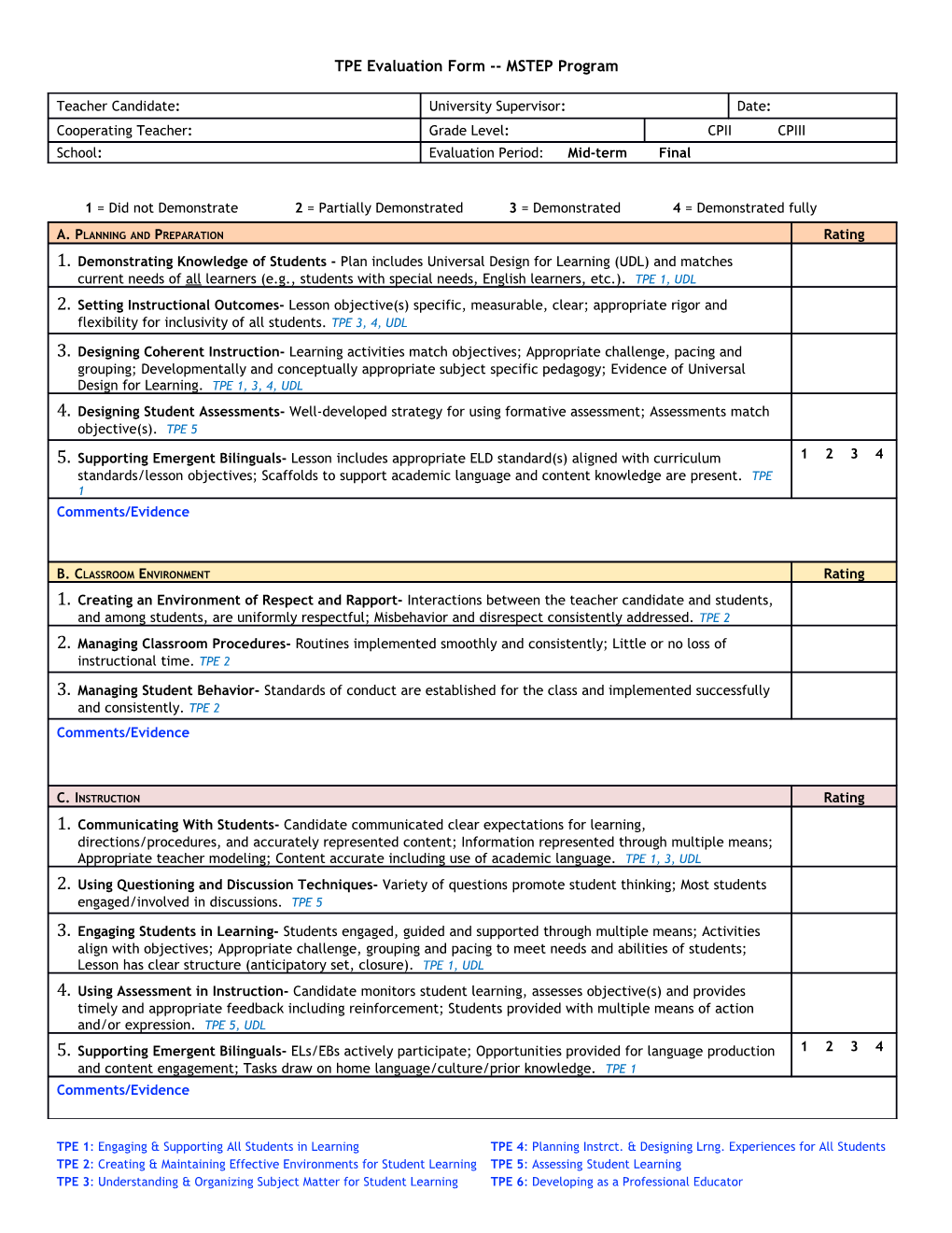 TPE Evaluation Form MSTEP Program