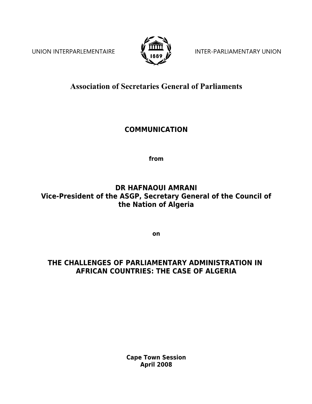 The Challenges of Parliamentary Administration in African Countries: Algeria As a Case Study