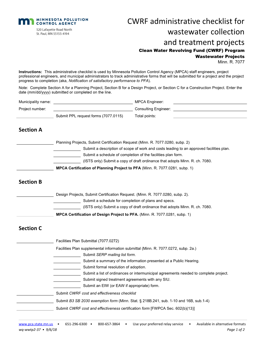 CWRF Administrative Checklist for Wastewater Collection and Treatment Projects